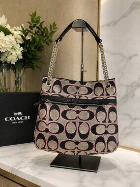 Coach Poppy Metallic Signature Slim Tote Shoulder Bag Y2K Glam